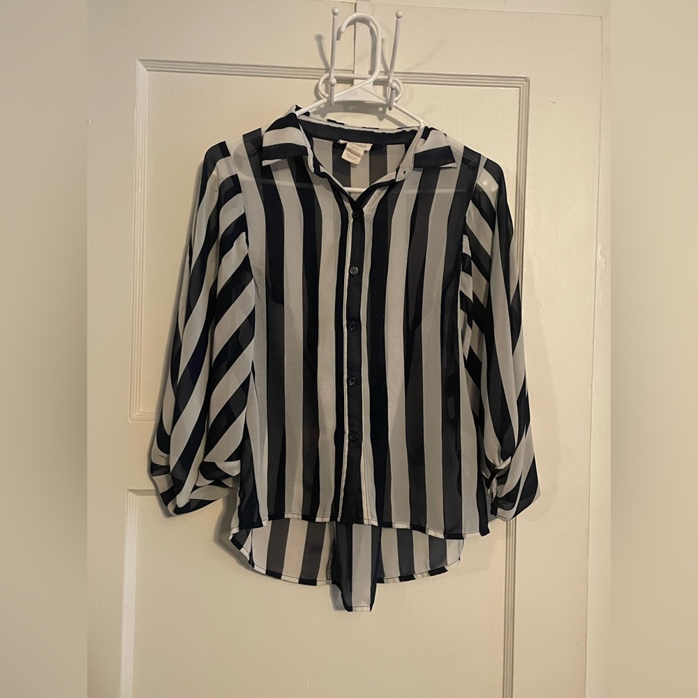 Sans Souci Sheer Navy and White Striped Button Down Shirt